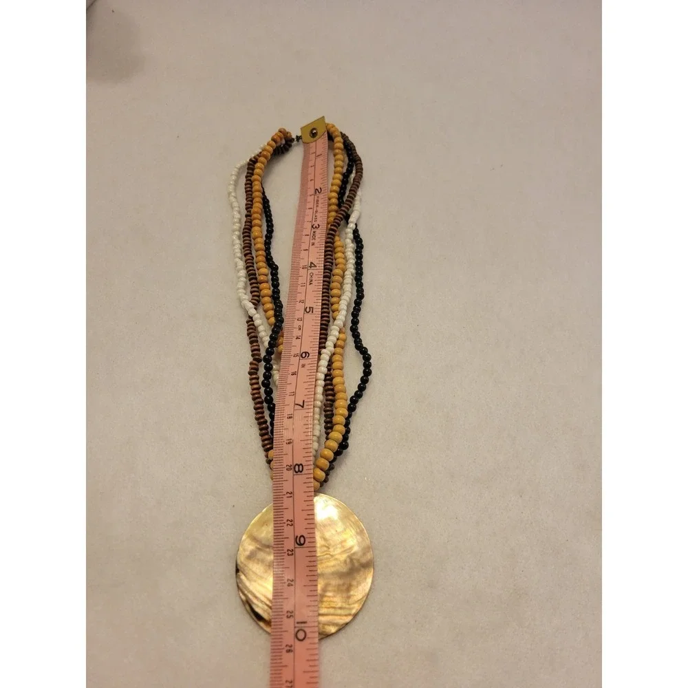 Shell‎ Pendant Necklace Boho Multi Strand Wood Bead Coastal Brown Womens